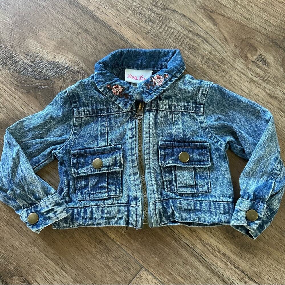 Little Lass Toddler Girl’s Blue Denim Jacket, Floral Embroidery, 100% Cotton,12m